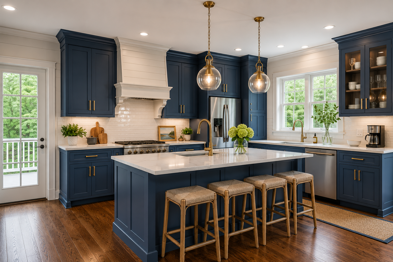Kitchen with professionally painted navy cabinets